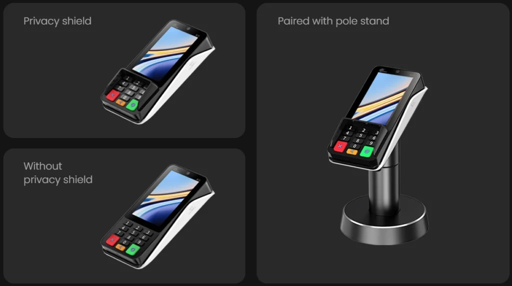 PAX A35 with optional integrated physical privacy shield and pole stand pairing