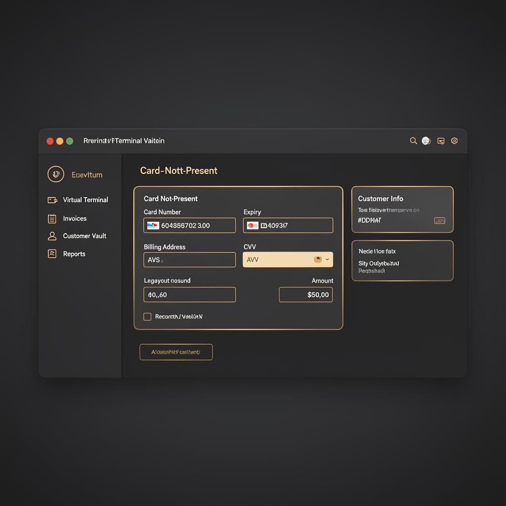 Titan Virtual Terminal browser console — manual key-in, AVS/CVV, recurring billing, customer vault