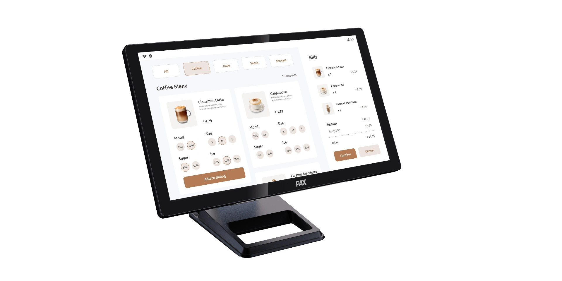 Elys Display running coffee-shop POS interface on tablet stand