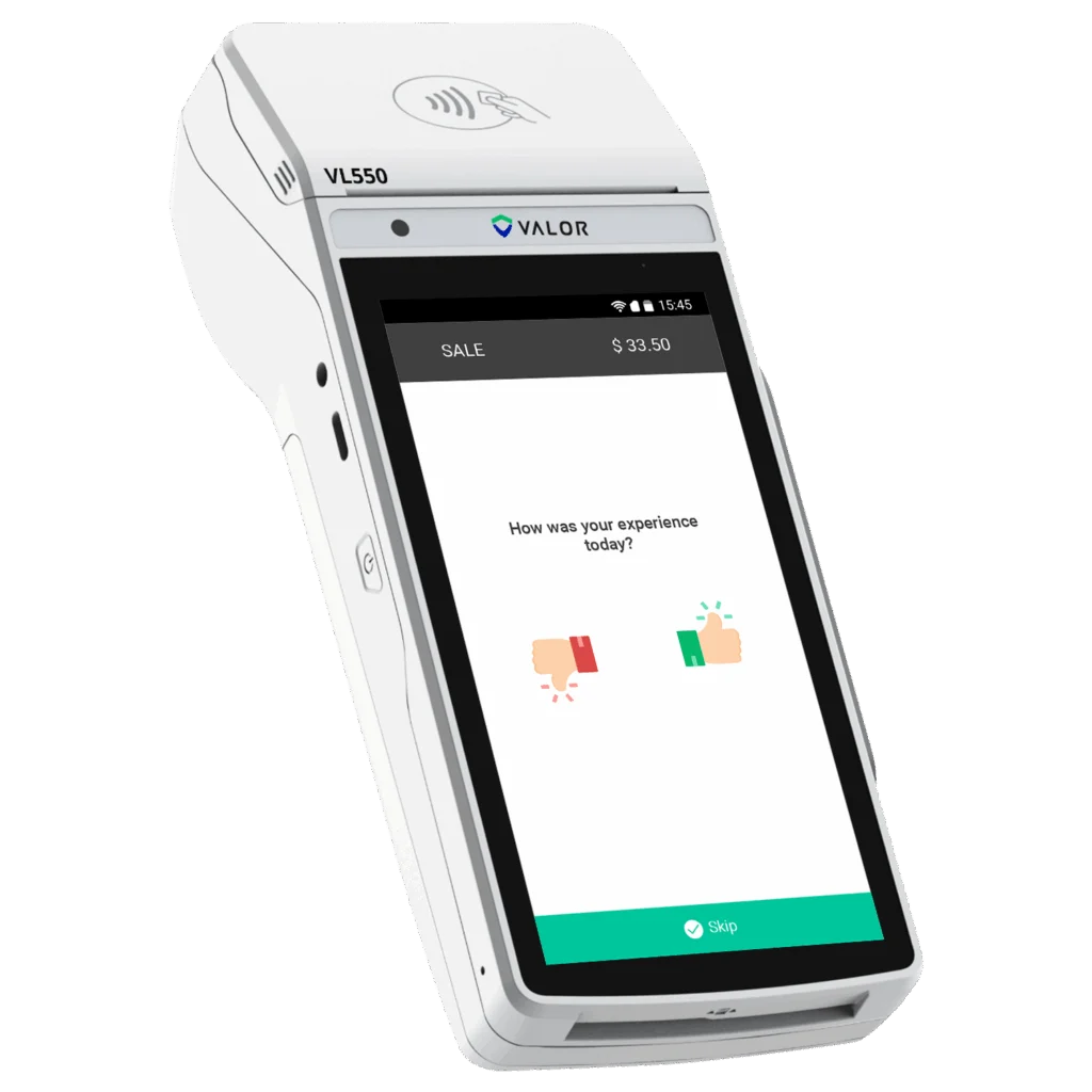 Valor VL550 angled view with on-screen customer experience survey