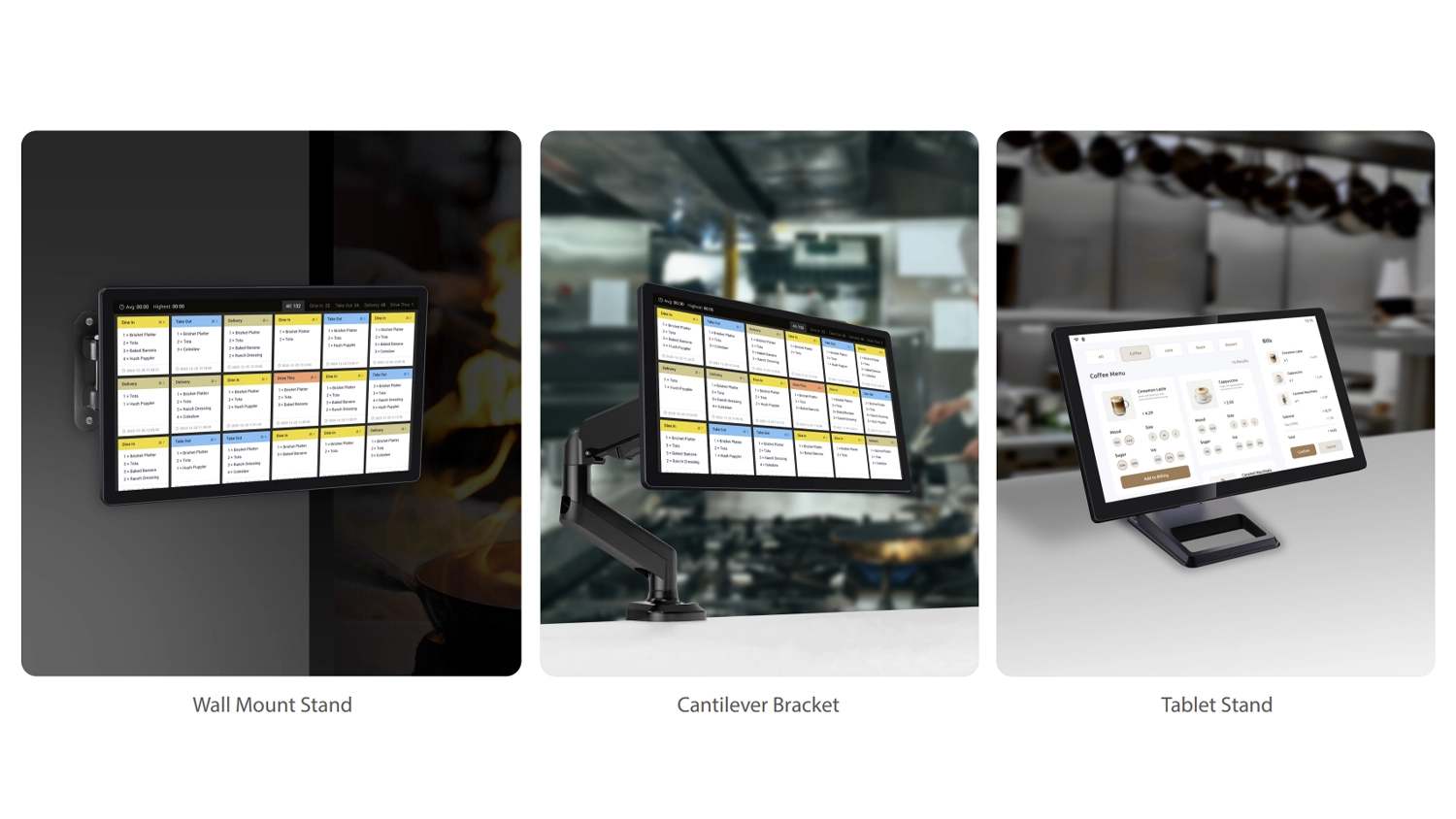 Wall mount, cantilever bracket and tablet stand options