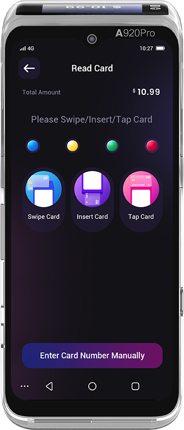 PAX A920 Pro Read Card screen with Swipe / Insert / Tap prompts