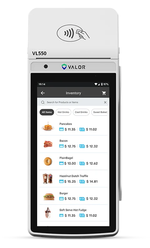 Valor VL550 running native inventory and menu management software