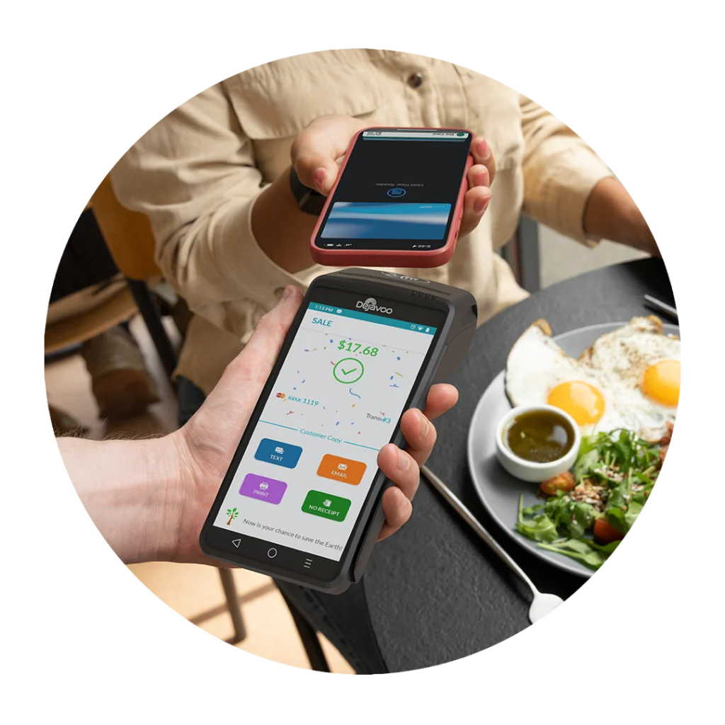 Dejavoo QD2 capturing a contactless mobile wallet payment at a restaurant table