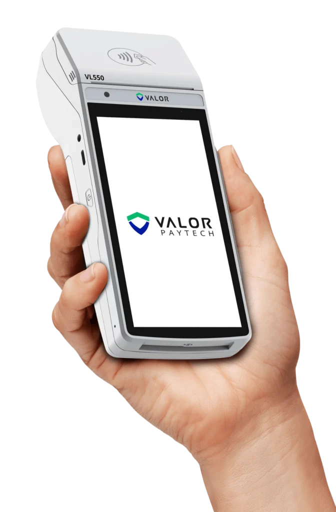 Valor VL550 held in hand showing 5.5 inch merchant HD touchscreen