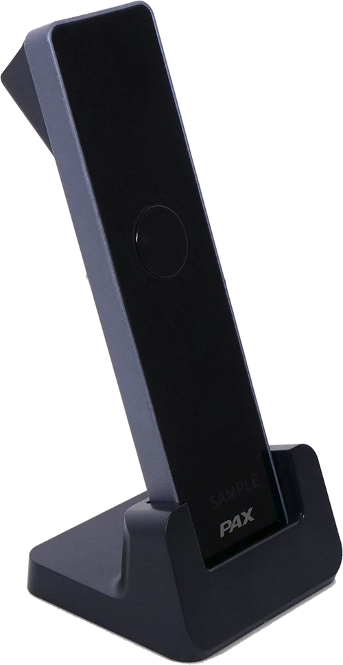PAX Elys Eye scanner side-angle view on charging dock
