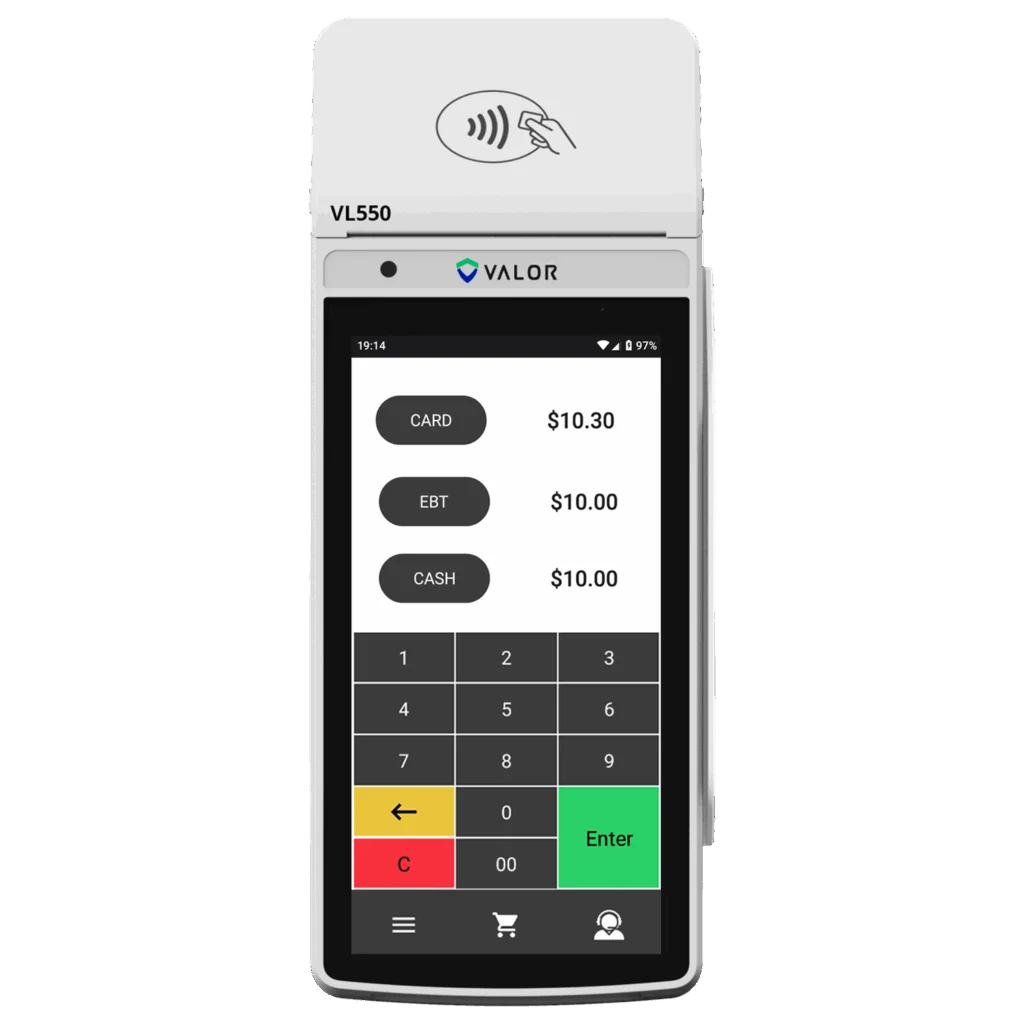 Valor VL550 front payment screen with Card / EBT / Cash split tender