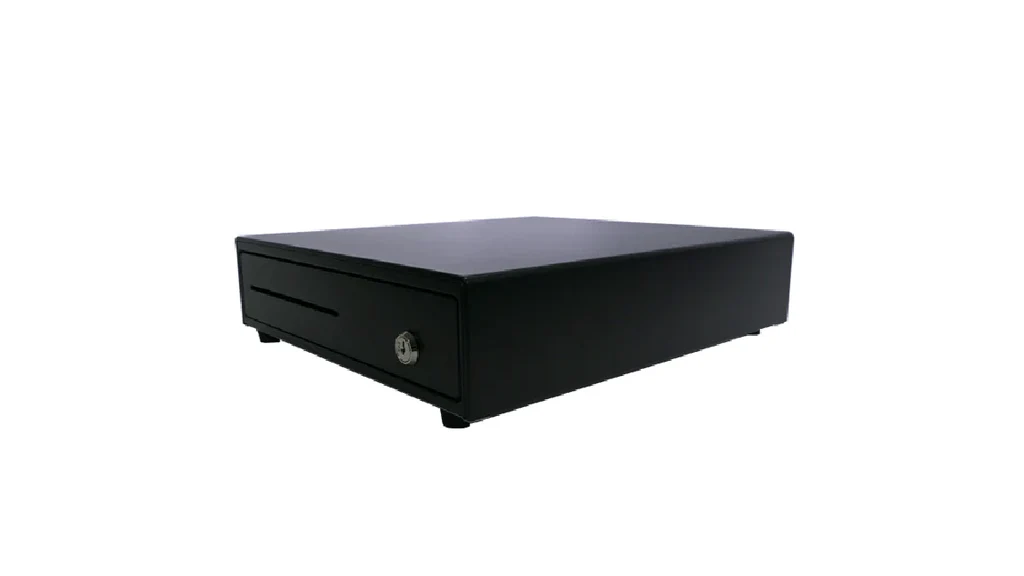 PAX Elys Cash Drawer angled hero photo with anodized aluminum front plate