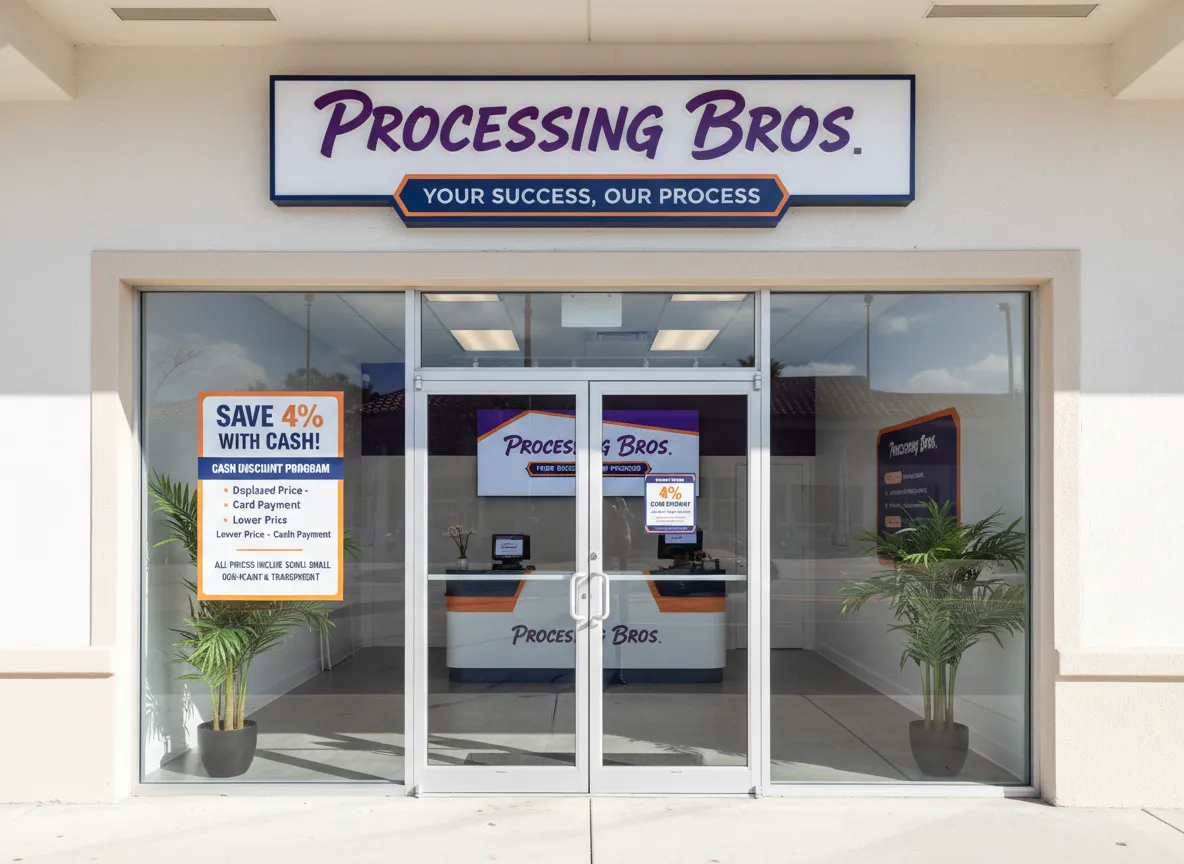 South Florida merchant displaying dual pricing signage with Processing Bros