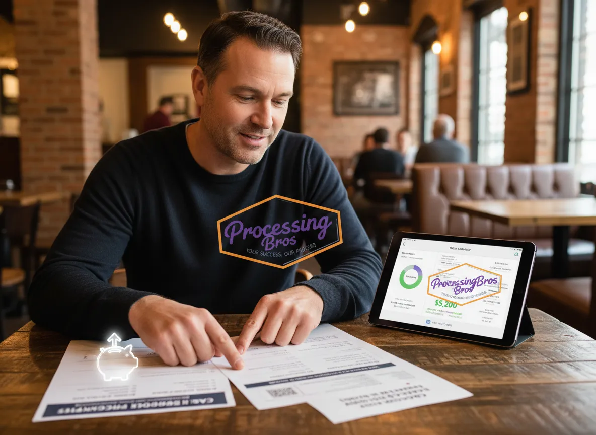 Restaurant owner reviewing cash discount benefits with Processing Bros