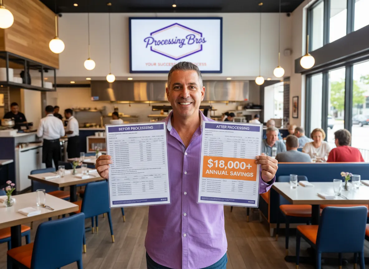 Restaurant owner celebrating $18K savings with Processing Bros