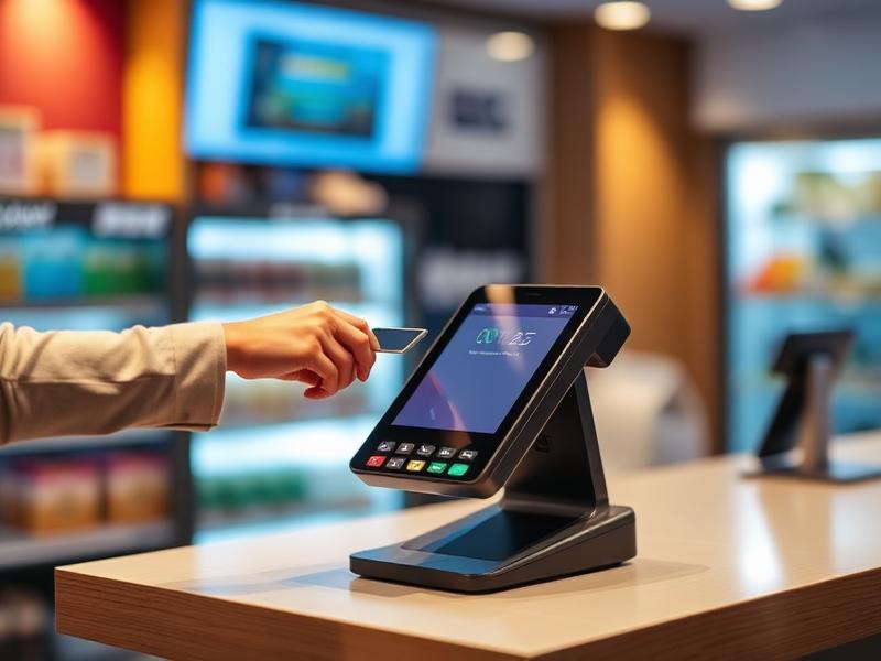 Modern POS terminal processing a contactless payment at a retail counter