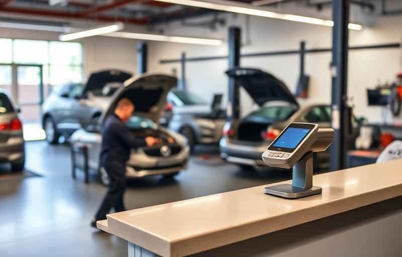 Auto repair shop interior with payment terminal on service desk and cars being serviced