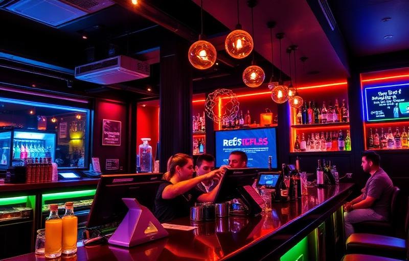 Stylish bar interior at night with POS terminal on counter and neon accent lighting
