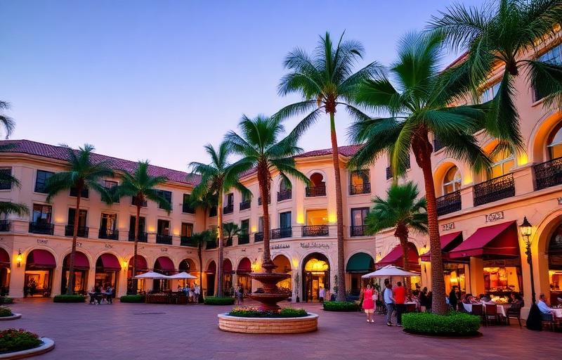 Mizner Park outdoor shopping and dining plaza in Boca Raton with Mediterranean Revival architecture