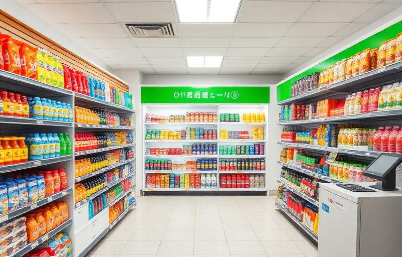 Modern convenience store interior with organized shelves and payment terminal at counter