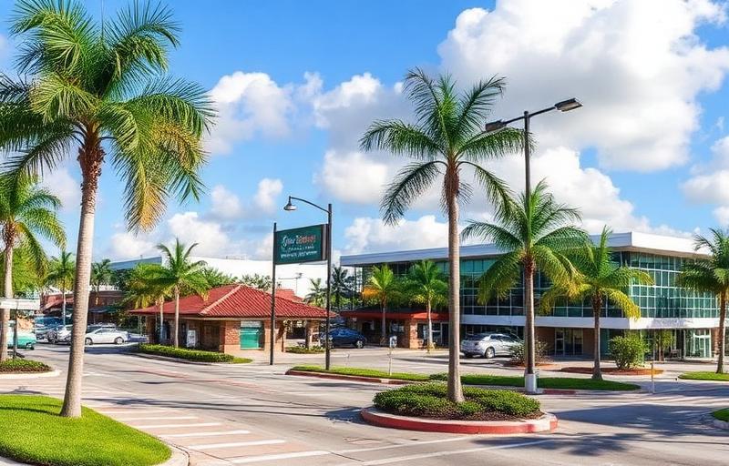 Coral Springs Florida downtown area with palm trees and modern buildings along the main road