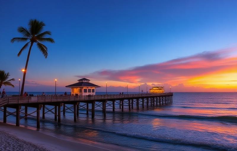 Deerfield Beach International Fishing Pier at sunset with palm trees and ocean view