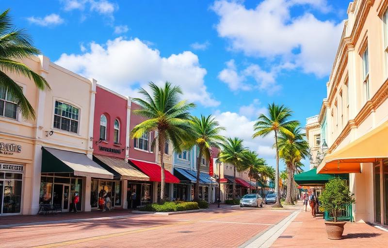 Atlantic Avenue in Delray Beach with colorful shops, restaurants, and palm trees along the downtown strip
