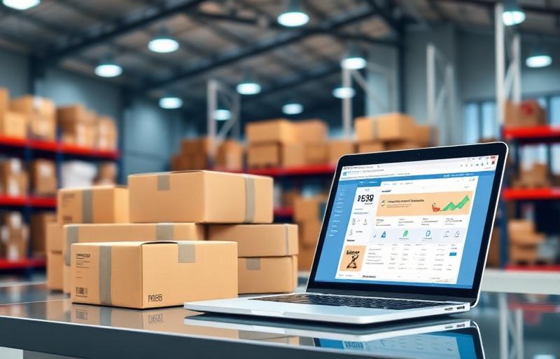 E-commerce fulfillment center with packages and laptop showing online store dashboard
