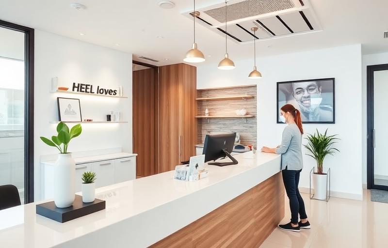 Modern dental office reception desk with patient checking out and payment terminal