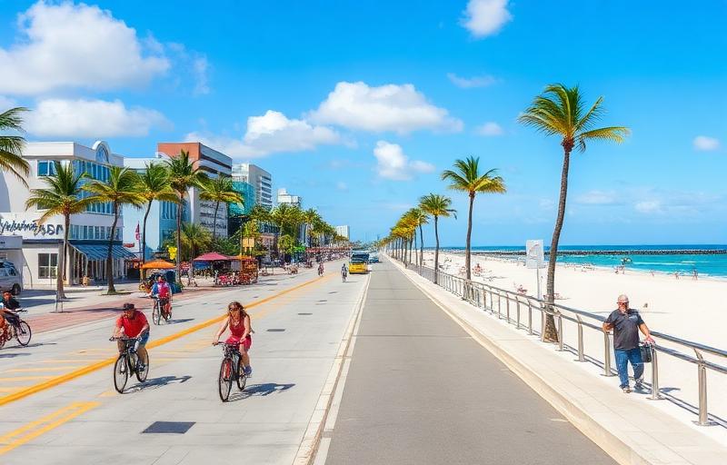 Hollywood Beach Broadwalk with cyclists, pedestrians, shops, and ocean views