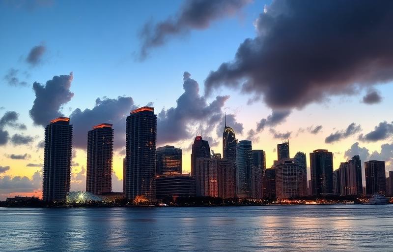 Miami Brickell skyline at dusk reflecting on Biscayne Bay