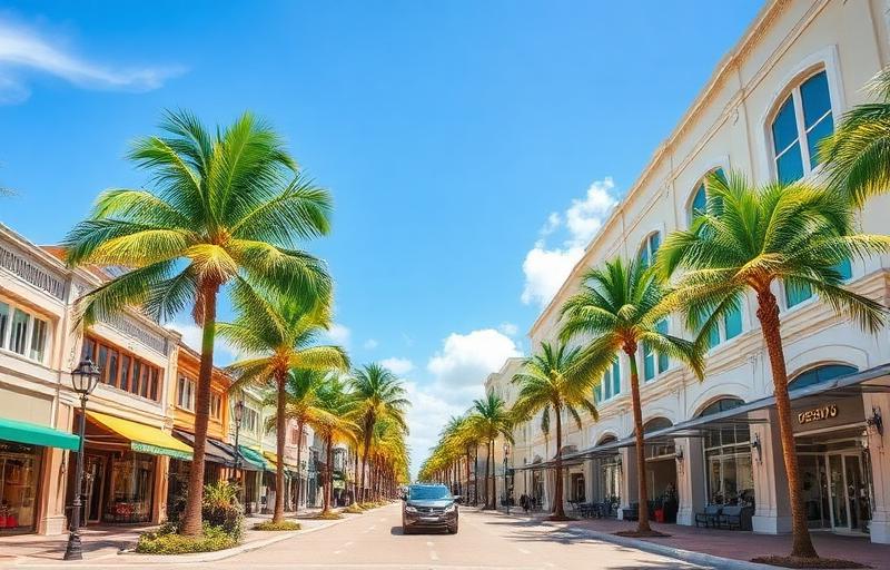 Worth Avenue luxury shopping street in Palm Beach, FL with palm trees and Mediterranean architecture