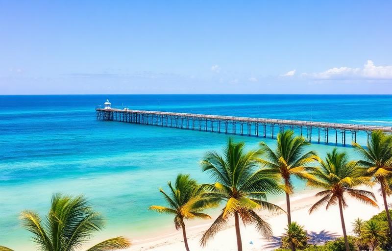 Pompano Beach Pier stretching into the Atlantic Ocean with palm trees and turquoise water