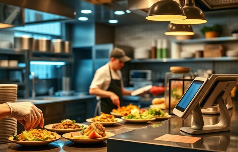 Busy restaurant kitchen with chef plating food and modern POS terminal on counter
