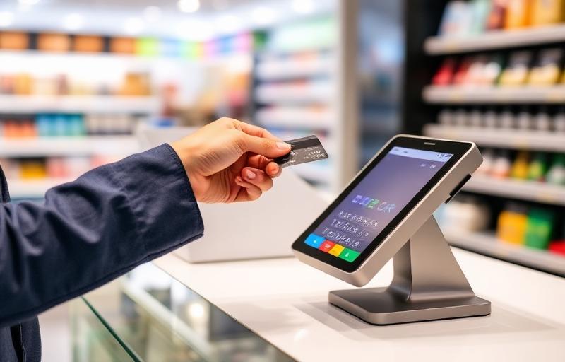 Customer tapping contactless credit card on modern retail POS terminal at checkout