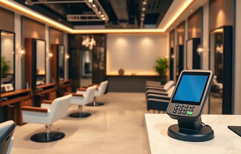 Modern salon interior with styling chairs and payment terminal at reception desk
