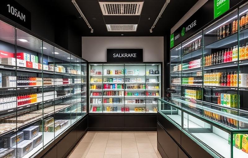 Modern smoke shop interior with glass display cases and professional payment terminal