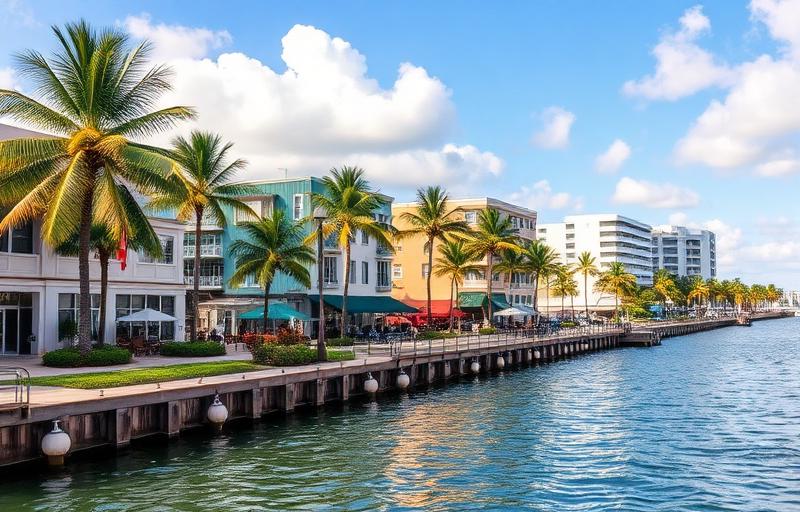 Clematis Street waterfront district in West Palm Beach, FL with palm trees and colorful buildings