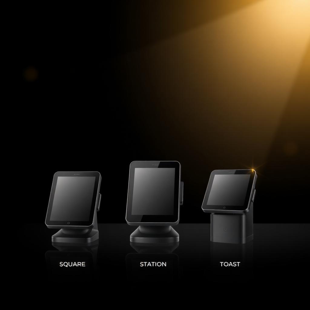 Square vs Clover vs Toast POS comparison — charcoal and gold editorial illustration of three point-of-sale terminals