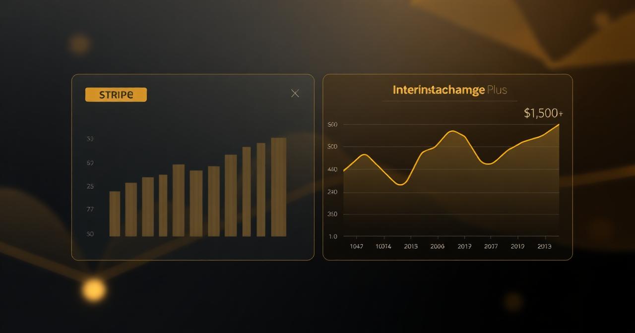 Stripe vs Interchange-Plus pricing audit — charcoal and gold editorial chart comparing flat-rate processing to wholesale pass-through pricing