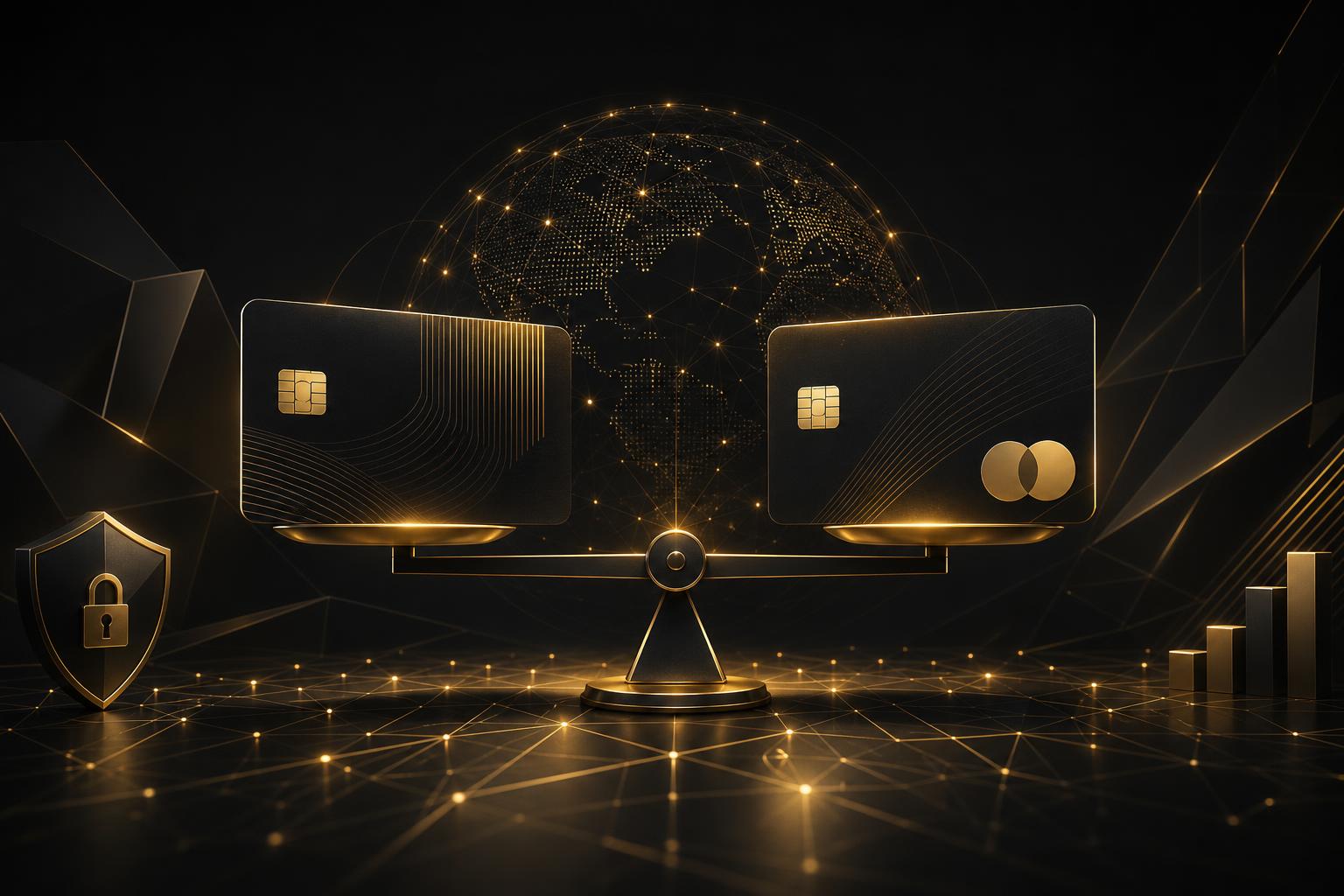 Visa vs Mastercard merchant interchange comparison hero — gold and charcoal payment network illustration showing balanced credit cards